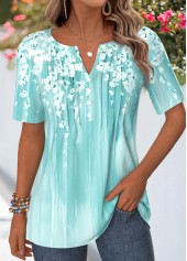 ROTITA Tuck Stitch Floral Print Cyan Split Neck T Shirt