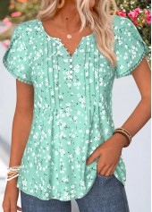 Rotita Patchwork-T-Shirt mit Blumenmuster hellgrün mit V-Ausschnitt