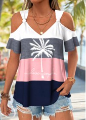 ROTITA Twist Tropical Plants Print Pink V Neck T Shirt