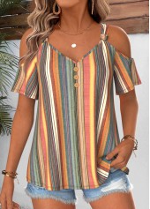 ROTITA Twist Striped Multi Color V Neck T Shirt
