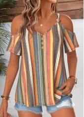 Multi Color tops,Striped tops,Geometric tops,ROTITA Twist Striped Multi Color V Neck T Shirt