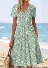 ROTITA Light Green Ditsy Floral Print Surplice V Neck Dress