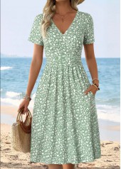 Light Green dresses,Ditsy Floral dresses,Vacation dresses,Vacation dresses,ROTITA Light Green Ditsy Floral Print Surplice V Neck Dress
