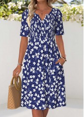 ROTITA Navy Floral Print Smocked Split Neck Short Sleeve Dress
