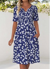 Navy dresses,Floral dresses,Plants dresses,Vacation dresses,ROTITA Navy Floral Print Smocked Split Neck Short Sleeve Dress