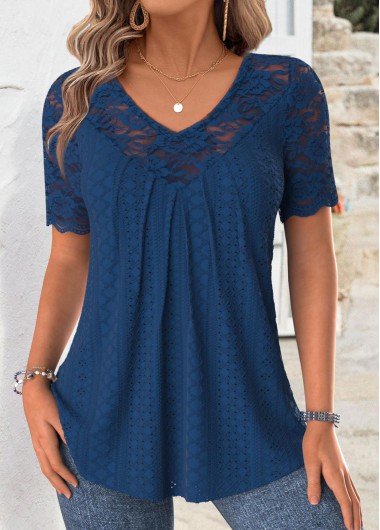 Navy tops,Plain Color tops,ROTITA Navy V Neck Short Sleeve T Shirt