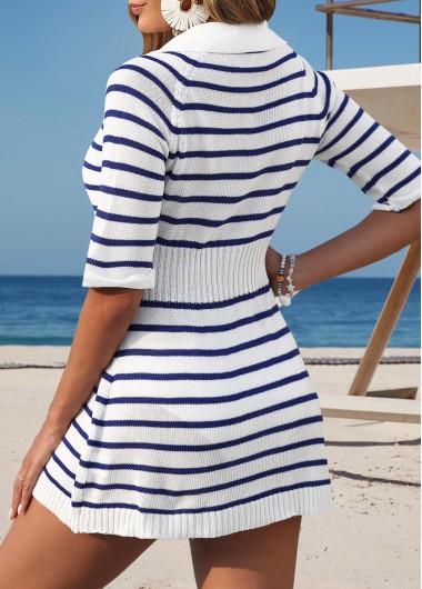 Blue swimwear,Striped swimwear,Geometric swimwear,Blue Striped Half Sleeve Cover Up