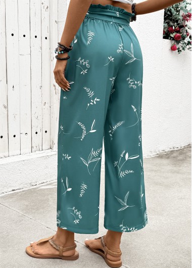 Turquoise bottoms,Plants bottoms,Plants Print Turquoise Wide Leg Elastic Waist Pants