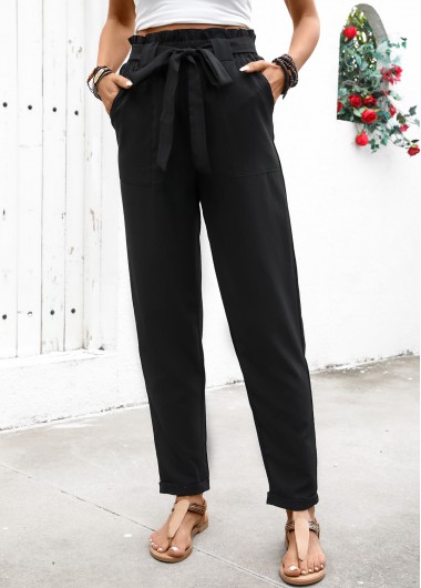 Black bottoms,Plain Color bottoms,Soft Black Straight Leg Elastic Waist High Waisted Pants