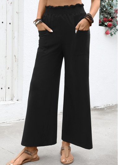 Black bottoms,Plain Color bottoms,Soft Black Wide Leg Elastic Waist High Waisted Pants