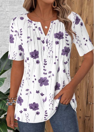 White tops,Floral tops,Plants tops,ROTITA Tuck Stitch Floral Print White Split Neck T Shirt