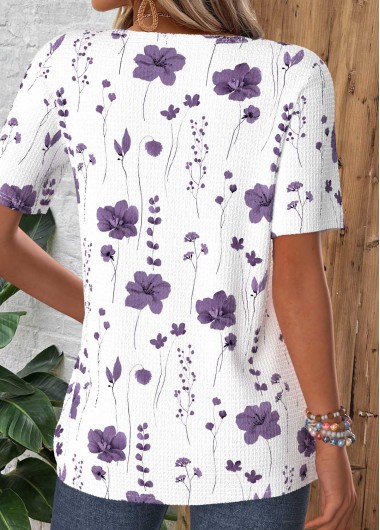 White tops,Floral tops,Plants tops,ROTITA Tuck Stitch Floral Print White Split Neck T Shirt