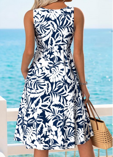 Dark Blue dresses,Floral dresses,Plants dresses,Vacation dresses,Vacation dresses,ROTITA Dark Blue Floral Print Shirred V Neck Sleeveless Dress
