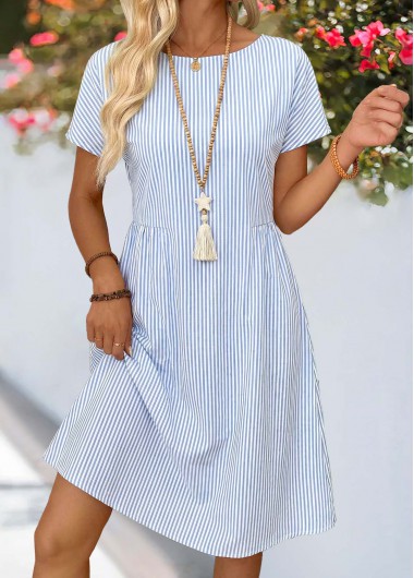 Dusty Blue dresses,Striped dresses,Geometric dresses,Casual dresses,ROTITA Dusty Blue Striped Shirred Round Neck Short Sleeve Dress