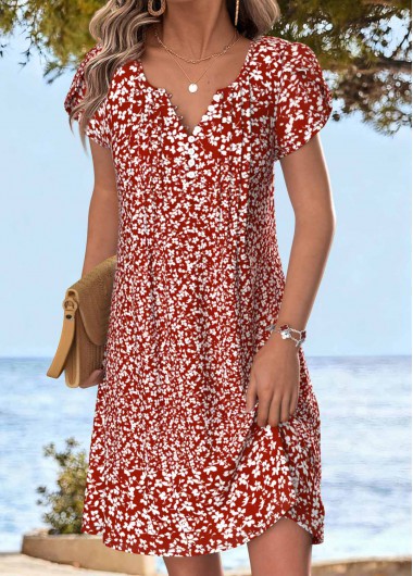 Red dresses,Ditsy Floral dresses,Vacation dresses,Vacation dresses,ROTITA Red Ditsy Floral Print Tuck Stitch Short Dress