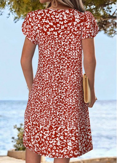 Red dresses,Ditsy Floral dresses,Vacation dresses,Vacation dresses,ROTITA Red Ditsy Floral Print Tuck Stitch Short Dress