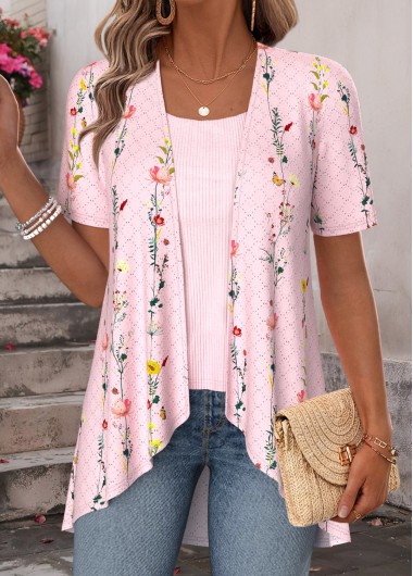 Light Pink tops,Ditsy Floral tops,ROTITA Ditsy Floral Print Light Pink Fake Two Piece Twinset
