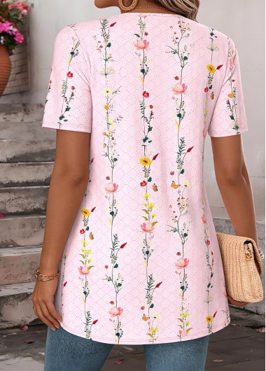 Light Pink tops,Ditsy Floral tops,ROTITA Ditsy Floral Print Light Pink Fake Two Piece Twinset