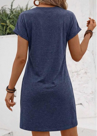 Navy dresses,Plain Color dresses,Vacation dresses,ROTITA Navy Tuck Stitch Short Round Neck Dress