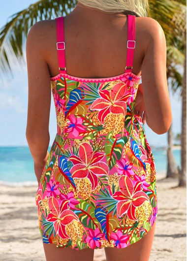 Coral swimwear,Plants swimwear,ROTITA Coral Curved Hem Tropical Plants Print One Piece Swimdress