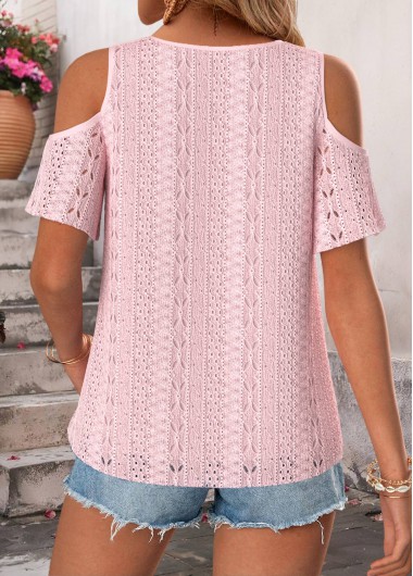 Pink tops,Plain Color tops,ROTITA Cut Out Pink Scoop Neck Short Sleeve T Shirt