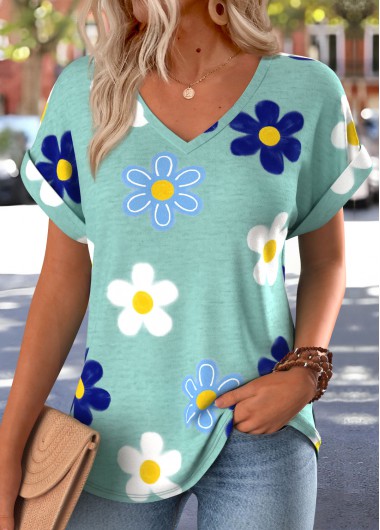 Green tops,Floral tops,Plants tops,ROTITA Patch Pocket Floral Print Green V Neck T Shirt
