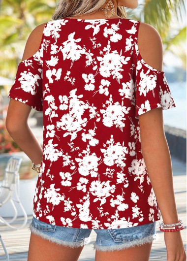 Wine Red tops,Floral tops,Plants tops,ROTITA Twist Floral Print Wine Red V Neck T Shirt