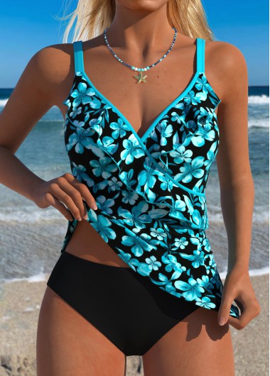 Black swimwear,Floral swimwear,Plants swimwear,ROTITA Black Tummy Coverage Floral Print Tankini Top