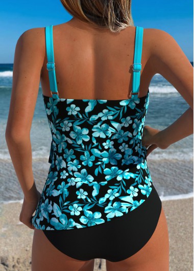 Black swimwear,Floral swimwear,Plants swimwear,ROTITA Black Tummy Coverage Floral Print Tankini Top