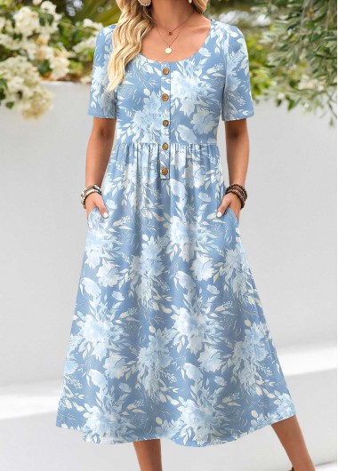 Light Blue dresses,Floral dresses,Plants dresses,Casual dresses,ROTITA Light Blue Floral Print Shirred Scoop Neck Dress