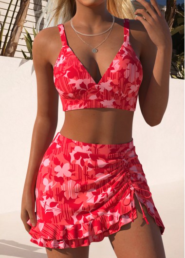 Coral swimwear,Floral swimwear,Plants swimwear,ROTITA Coral Two-piece Floral Print Mid Waisted Bikini Set