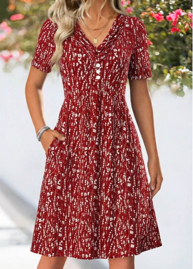 Wine Red dresses,Ditsy Floral dresses,Everyday dresses,Casual dresses,ROTITA Wine Red Ditsy Floral Print Tuck Stitch Dress