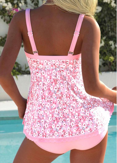 Pink swimwear,Ditsy Floral swimwear,ROTITA Pink Tie Ditsy Floral Print Mid Waisted Tankini Set