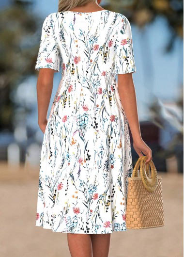 White dresses,Floral dresses,Plants dresses,Vacation dresses,ROTITA White Floral Print Smocked Split Neck Short Sleeve Dress