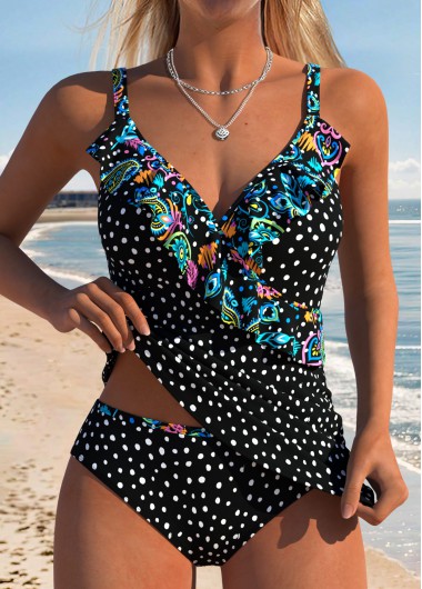 Black swimwear,Dot swimwear,ROTITA Black Two-piece Polka Dot Mid Waisted Tankini Set