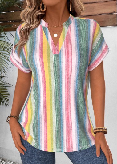 Multi Color tops,Striped tops,Geometric tops,ROTITA Curved Hem Striped Multi Color Stand Collar Blouse