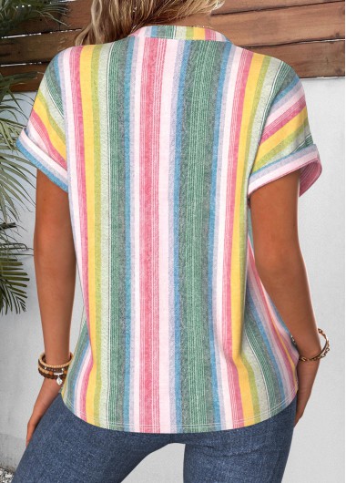 Multi Color tops,Striped tops,Geometric tops,ROTITA Curved Hem Striped Multi Color Stand Collar Blouse