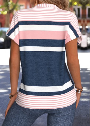 Pink tops,Geometric tops,ROTITA Split Geometric Print Pink Short Sleeve Blouse