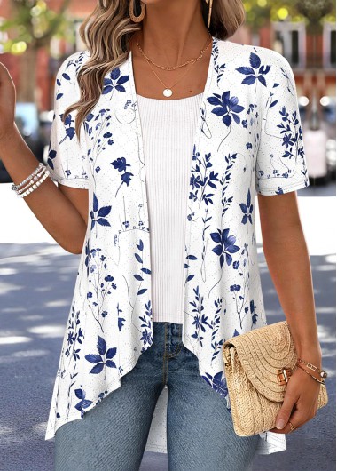 White tops,Floral tops,Plants tops,ROTITA Floral Print White Short Sleeve Fake Two Piece Twinset