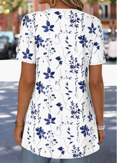 White tops,Floral tops,Plants tops,ROTITA Floral Print White Short Sleeve Fake Two Piece Twinset