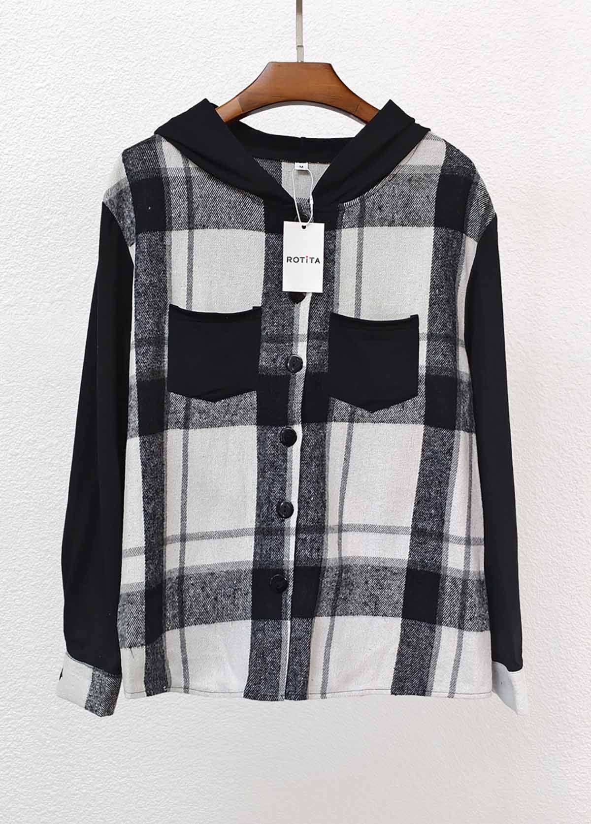 Black tops,White tops,Plaid tops,Striped tops,Geometric tops,ROTITA Patchwork Plaid Black Hooded Long Sleeve Coat