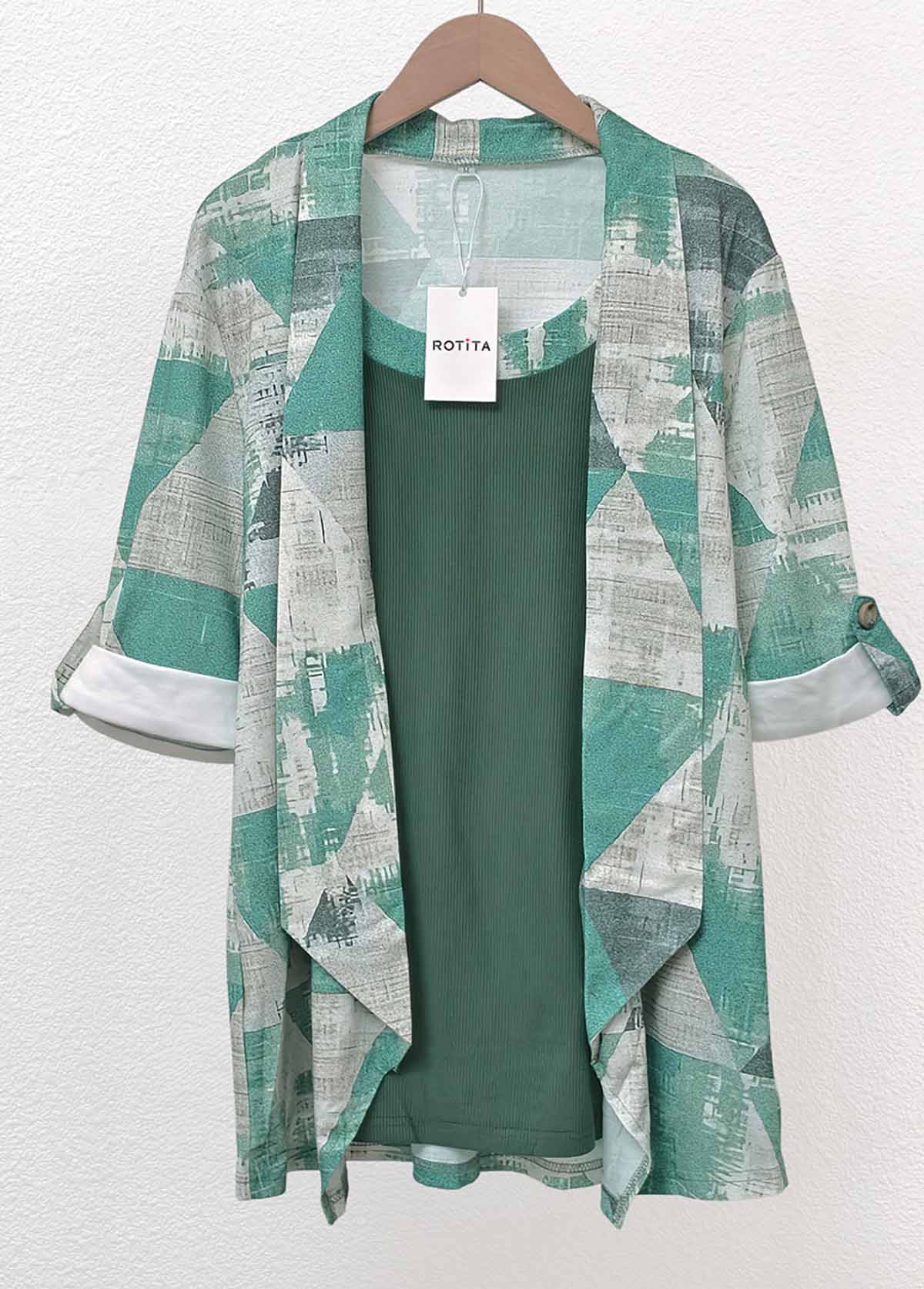 Sage Green tops,Geometric tops,ROTITA Geometric Print Sage Green Fake Two Piece Twinset