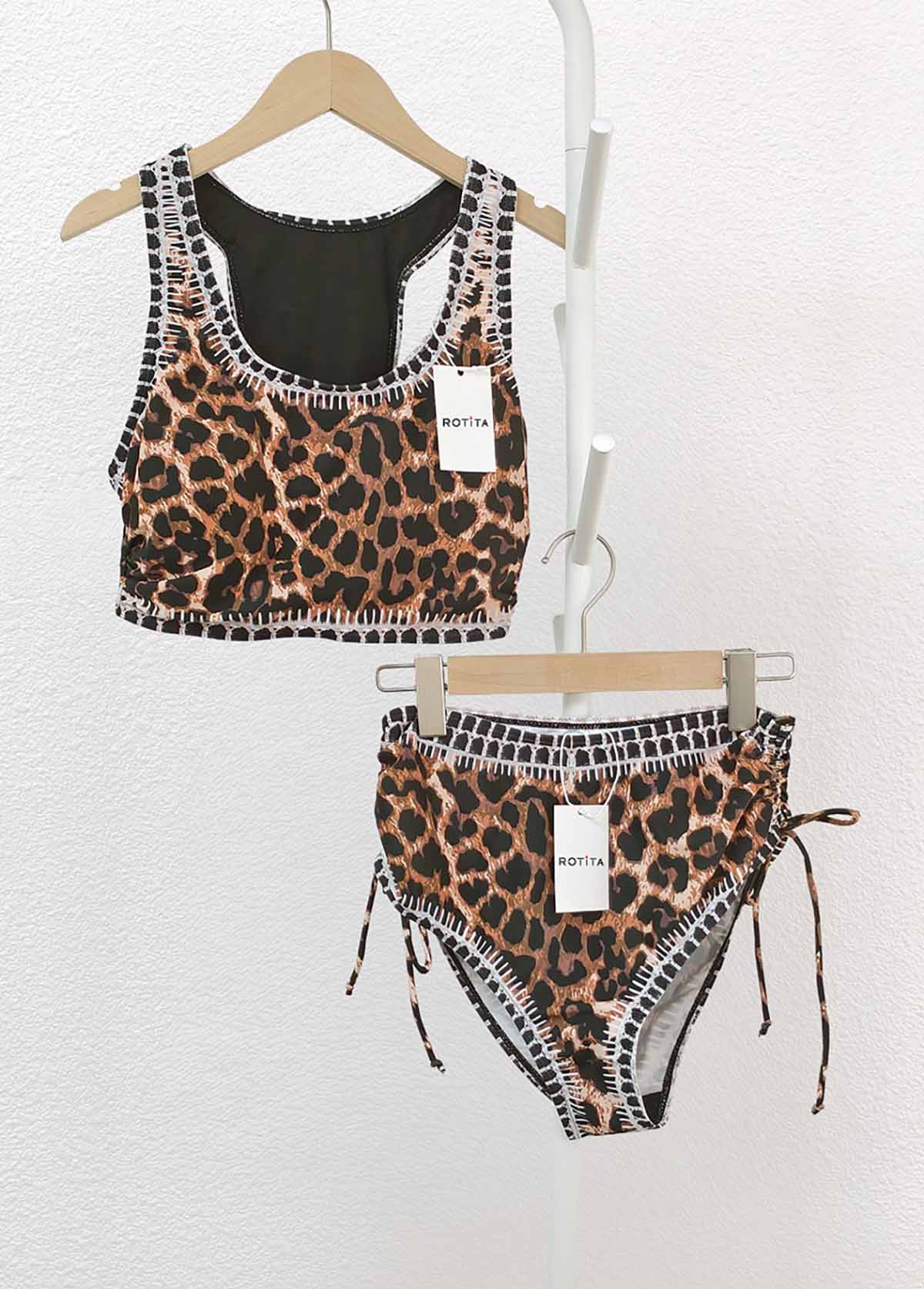 Multi Color swimwear,Leopard swimwear,Animal Print swimwear,ROTITA Contrast Binding Multi Color Leopard Bikini Set