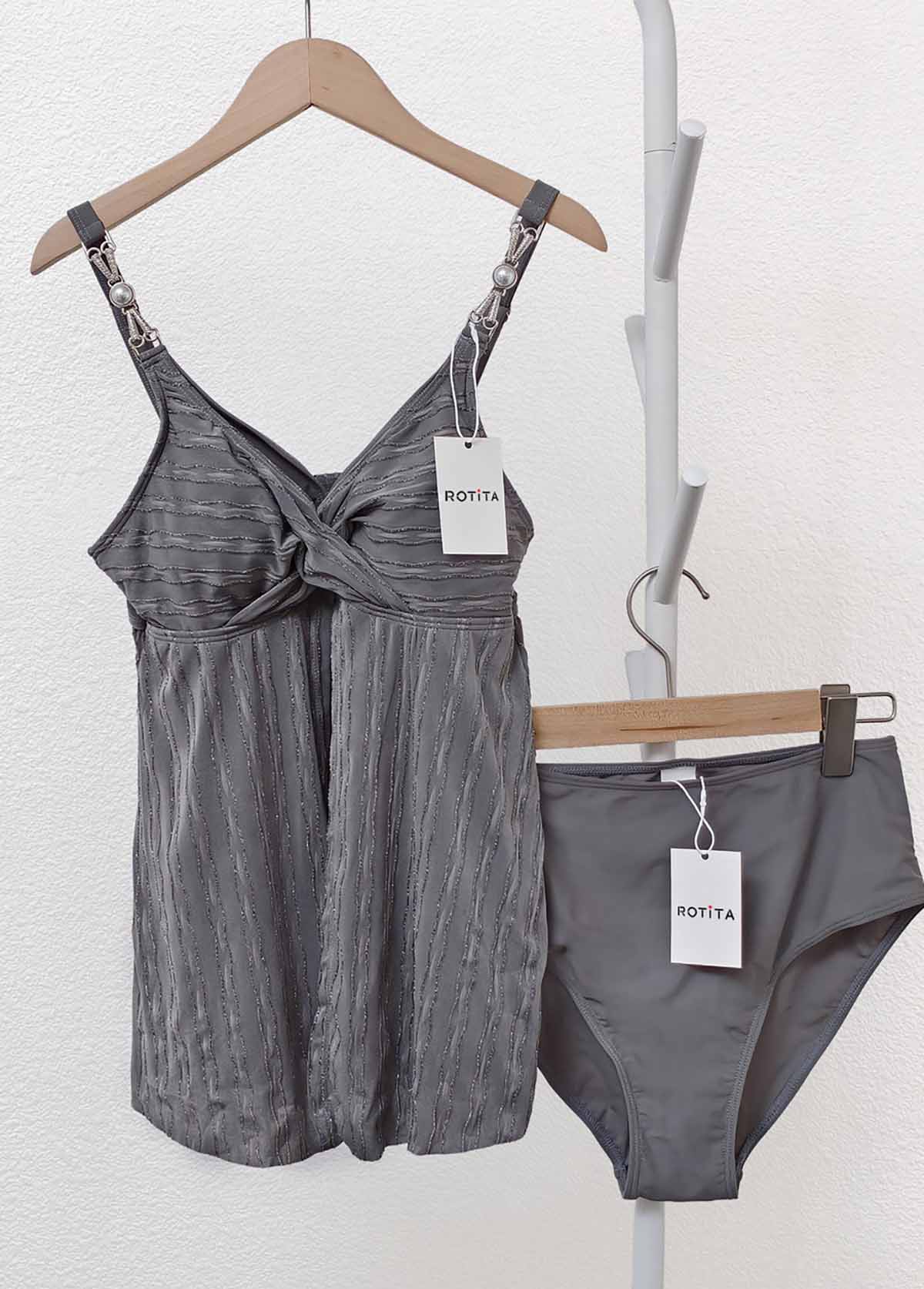 Grey swimwear,Plain Color swimwear,ROTITA Criss Cross Grey Jacquard Tankini Set