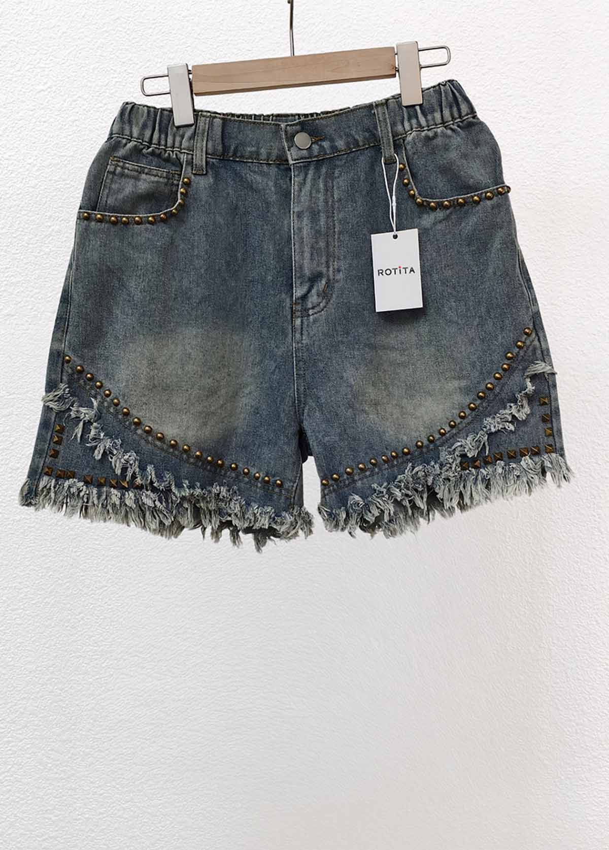 Denim Blue bottoms,Plain Color bottoms,Denim Blue Straight Leg High Waisted Button Fly Shorts