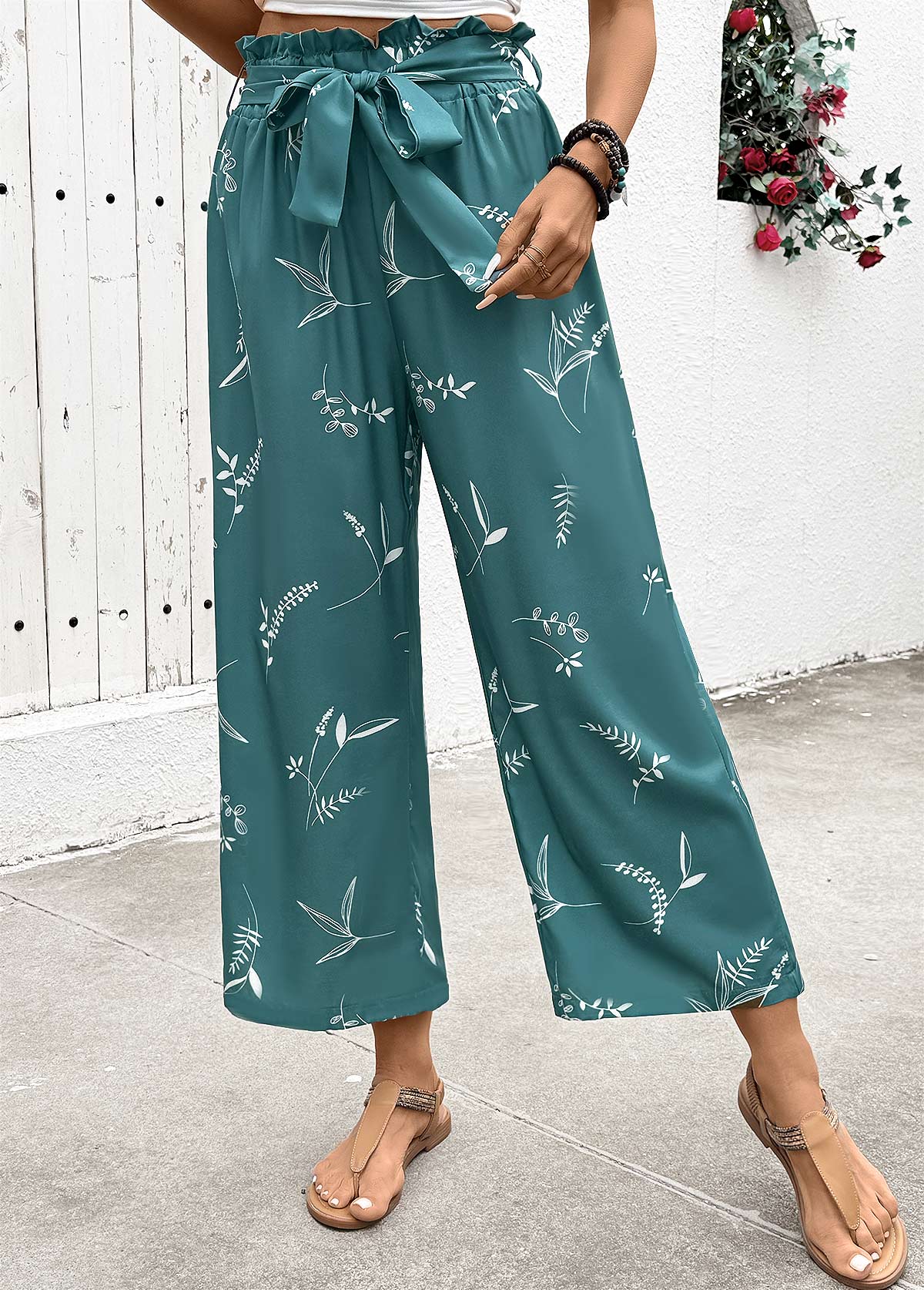 Turquoise bottoms,Plants bottoms,Plants Print Turquoise Wide Leg Elastic Waist Pants