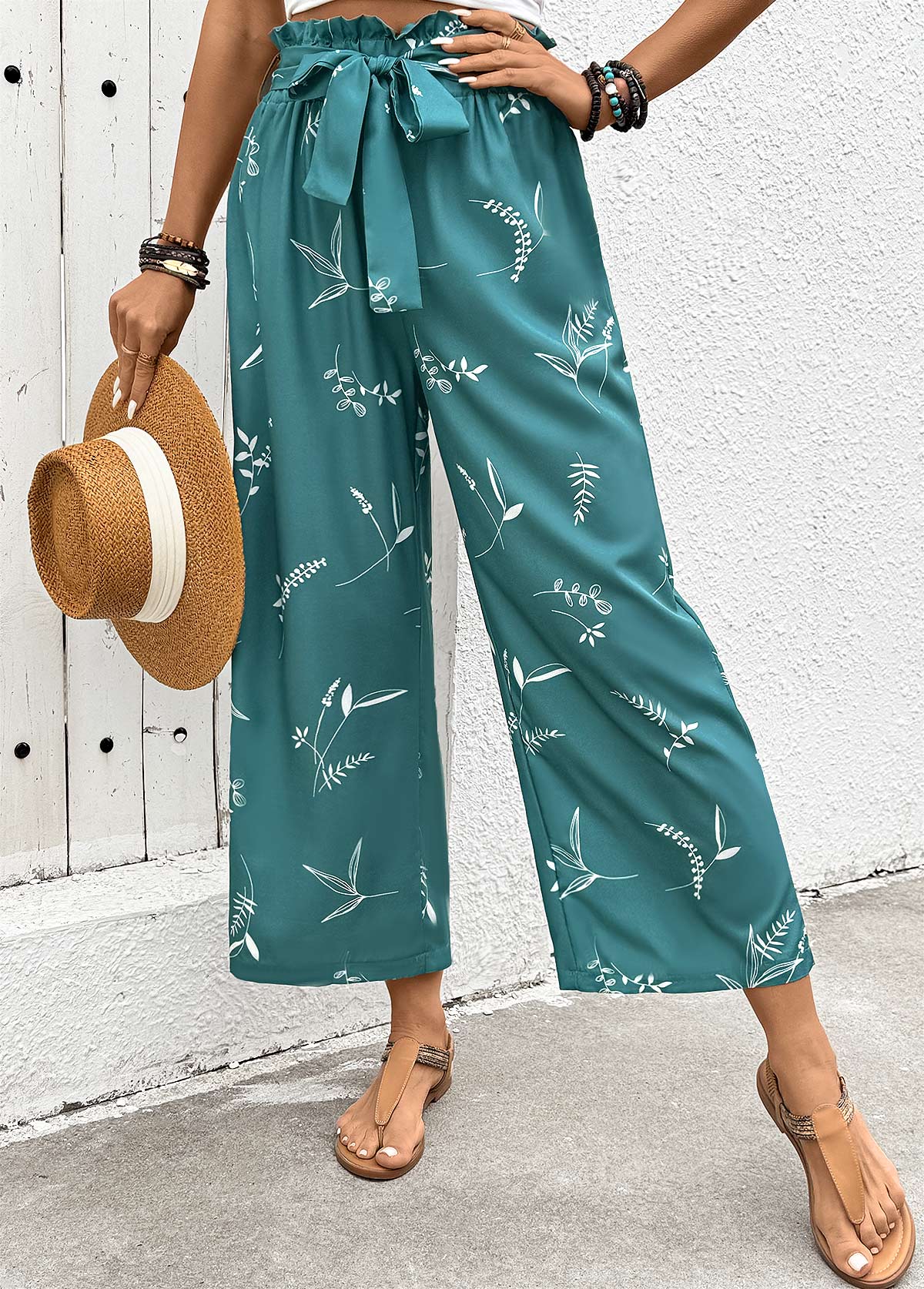 Turquoise bottoms,Plants bottoms,Plants Print Turquoise Wide Leg Elastic Waist Pants