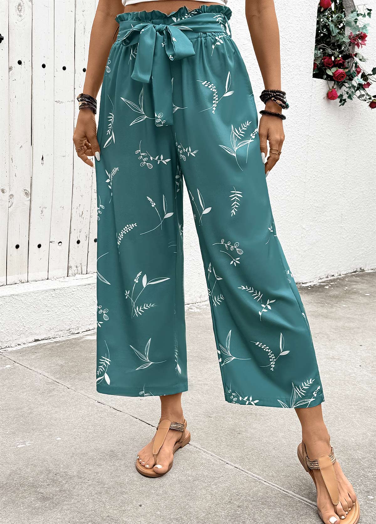 Turquoise bottoms,Plants bottoms,Plants Print Turquoise Wide Leg Elastic Waist Pants