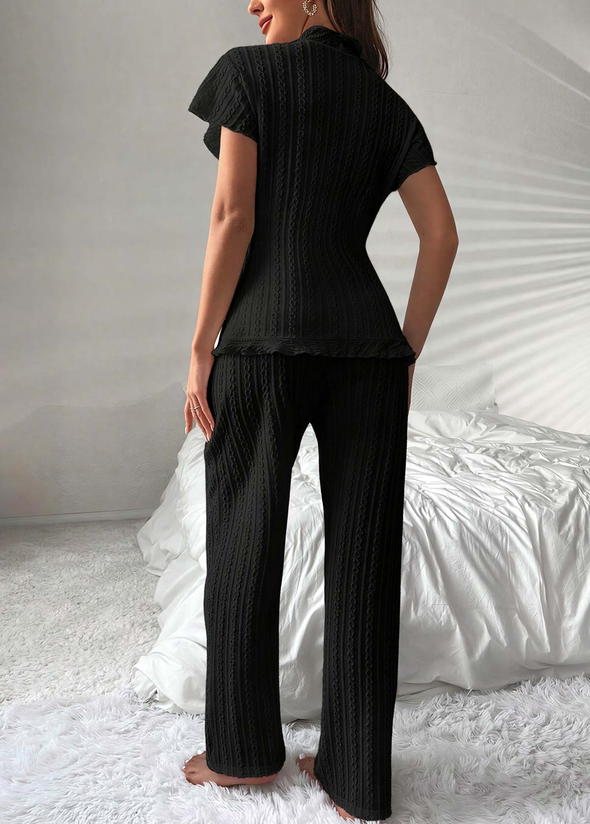 Black loungewear,Plain Color loungewear,Black Short Sleeve Lounge Top and Pants