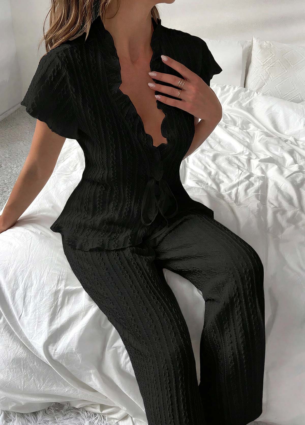 Black loungewear,Plain Color loungewear,Black Short Sleeve Lounge Top and Pants